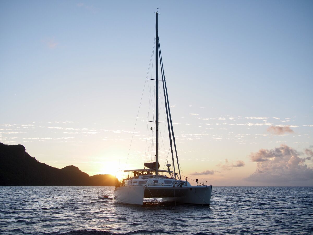 Zoë at anchor in the last of the sunset light
