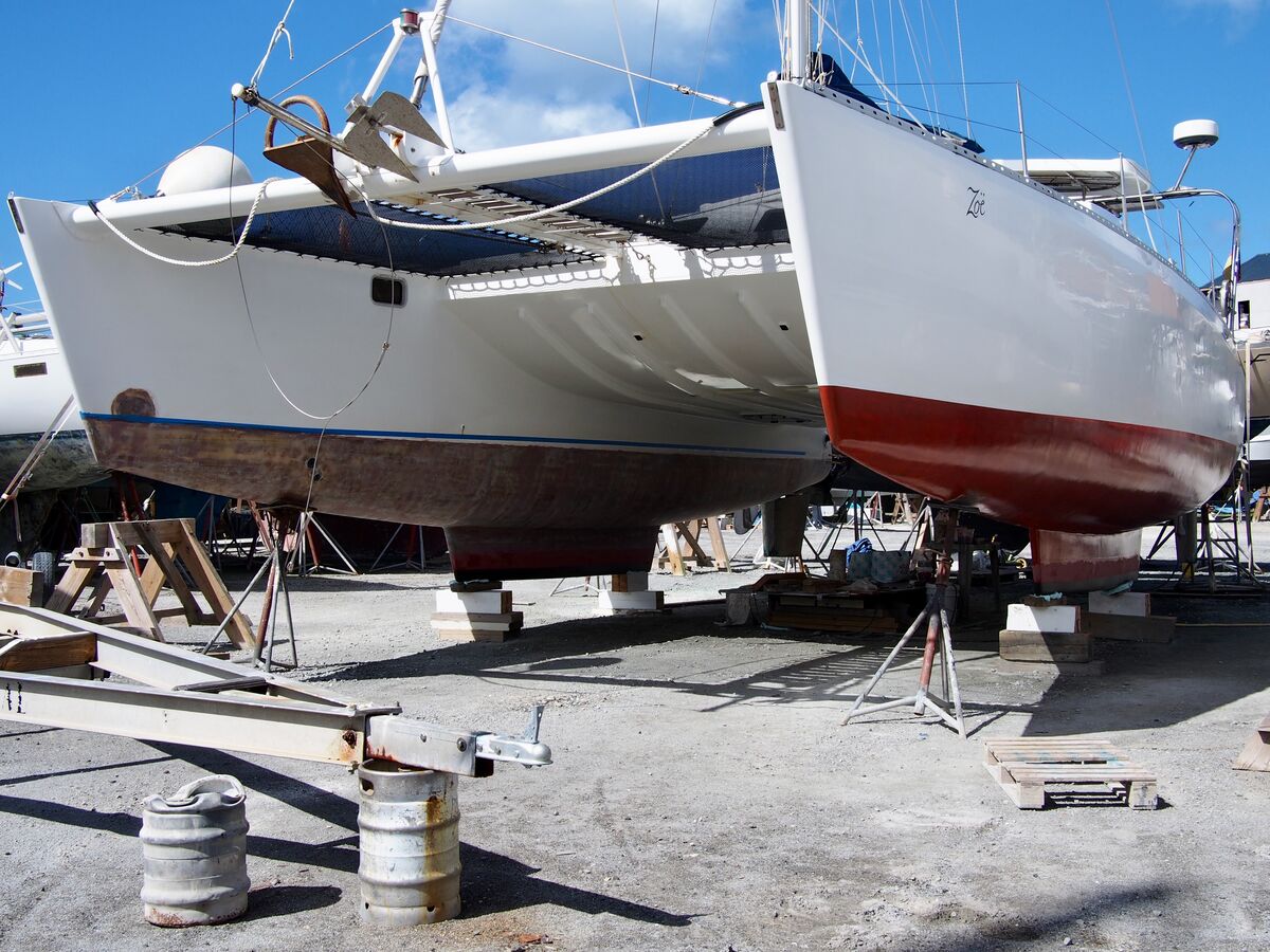 Zoë hauled out on the hard, both hulls